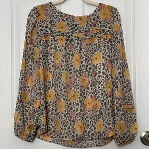 Loft Chiffon Lined Floral Cheetah Pintuck Flowy Metallic Blouse Women's Sz:M EUC